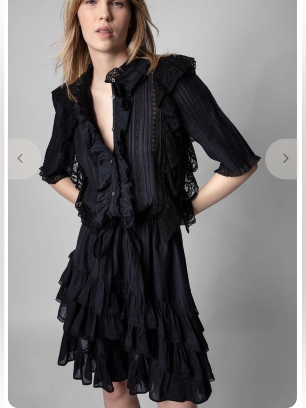 Zadig & Voltaire Ranky Dress Black Lace Ruffle Mini Boho Gothic Tiered Medium A4